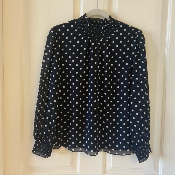 J.Crew Smocked Dot Crinkle Chiffon Top Size Small Polka Dot Black Blouse - Picture 3 of 7